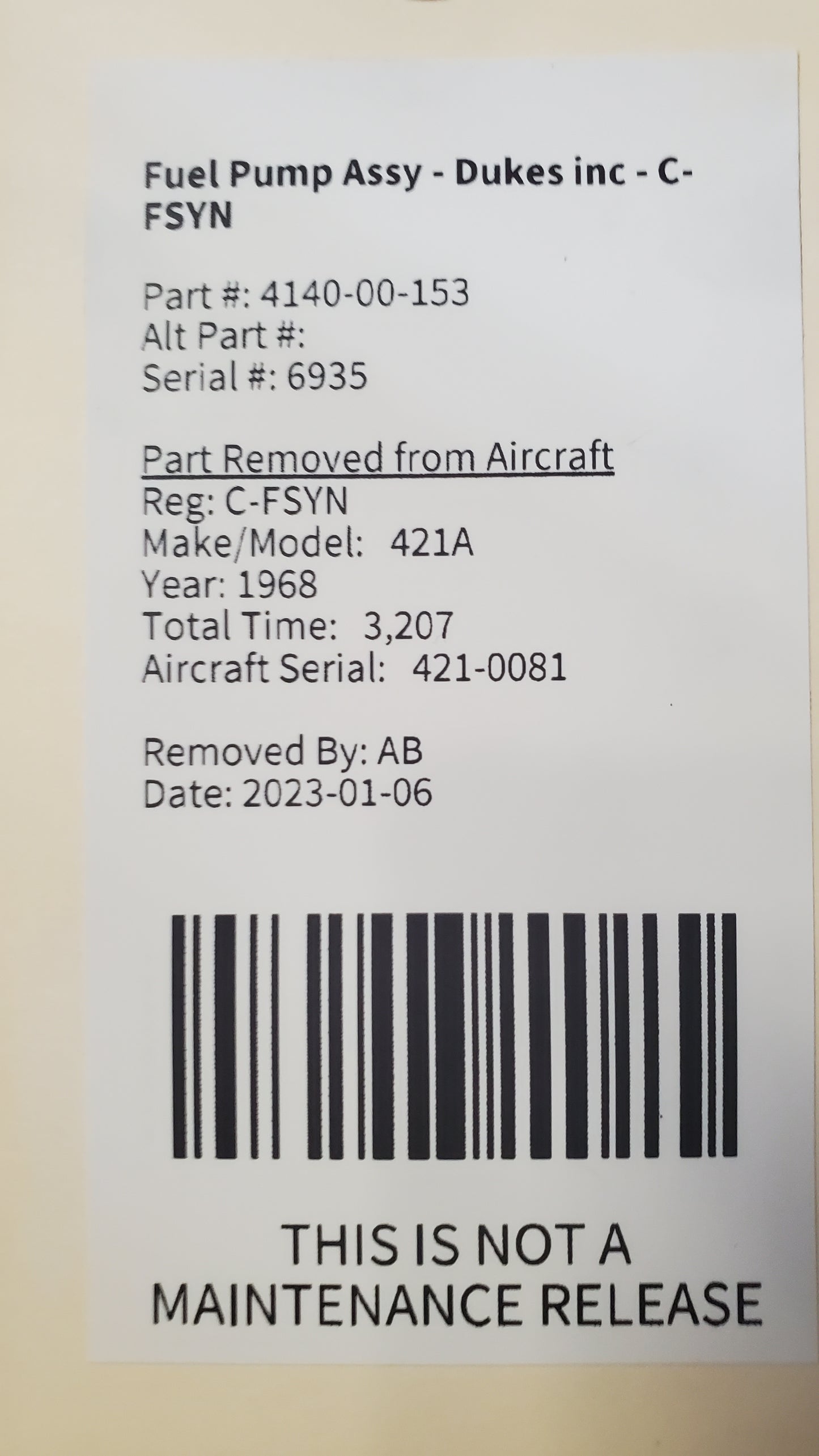 Fuel Pump Assy - Dukes Inc - C-FSYN 2 of 2