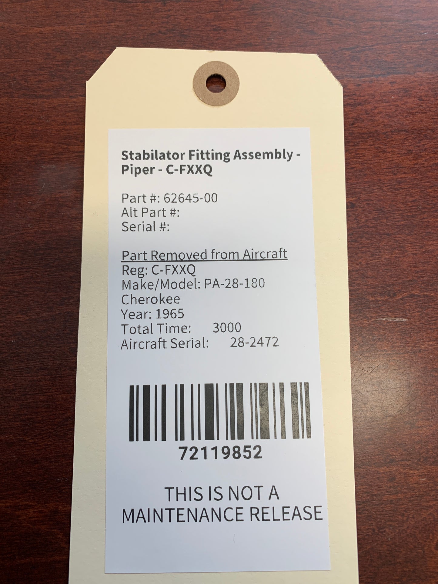 Stabilator Fitting Assembly - Piper - C-FXXQ