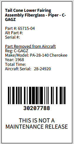 Tail Cone Lower Fairing Assembly Fiberglass - Piper - C-GAGZ