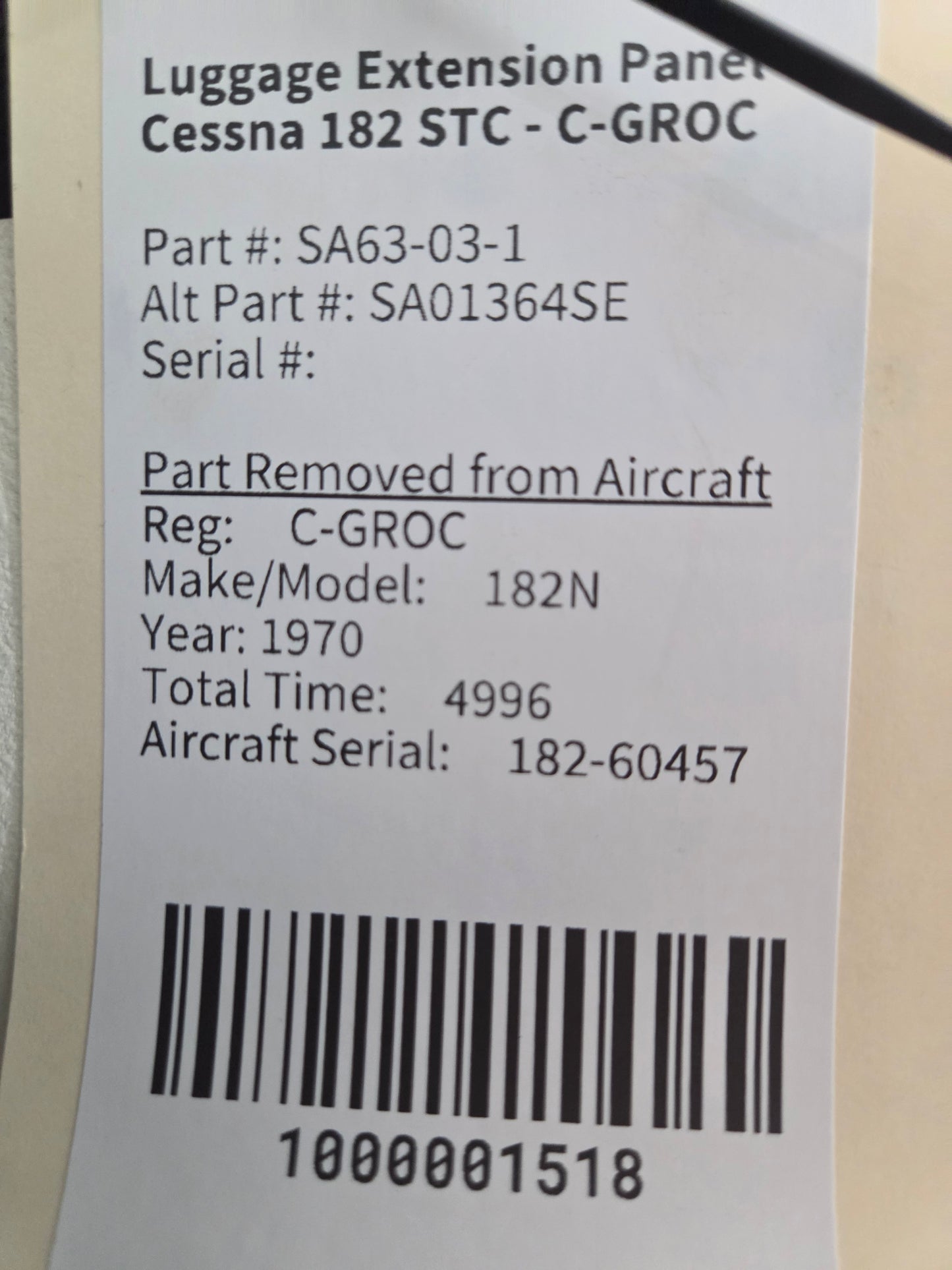 Luggage Extension Panel - Cessna 182 STC - C-GROC