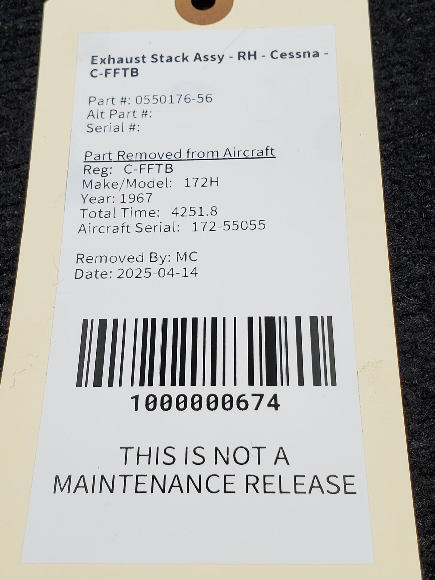 Exhaust Stack Assy - RH - Cessna - C-FFTB