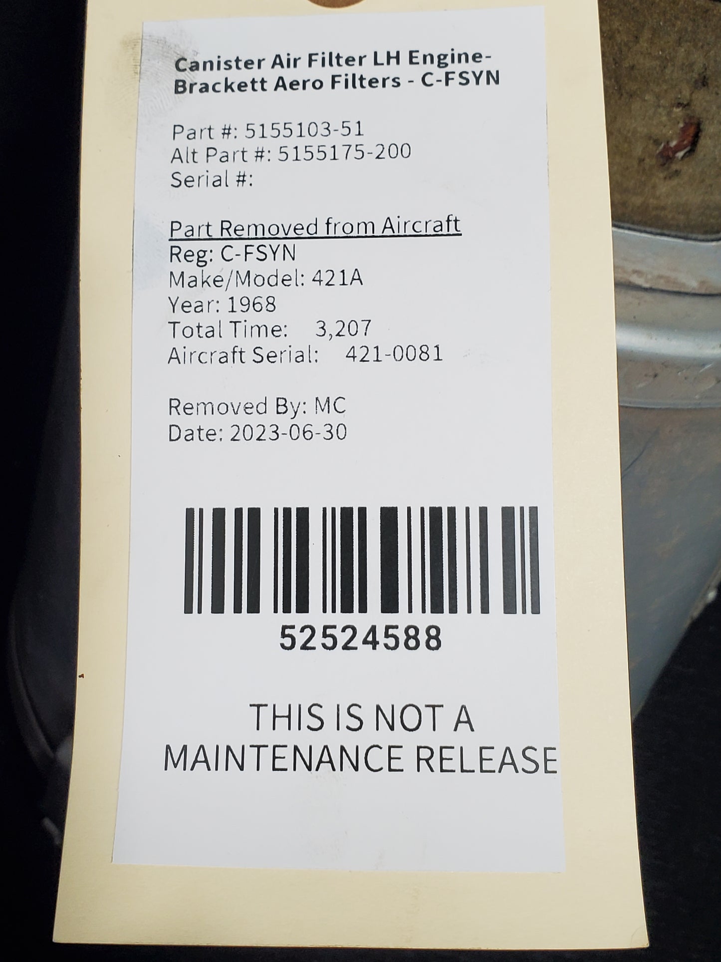 Canister Air Filter LH Engine- Brackett Aero Filters - C-FSYN