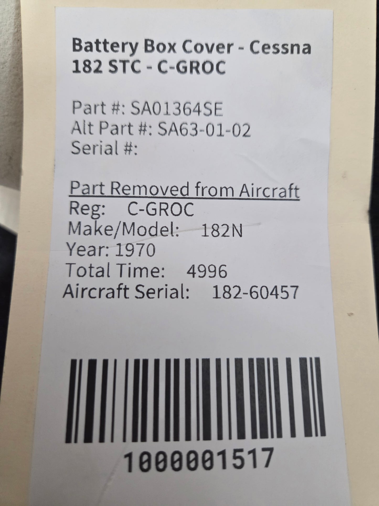 Battery Box Cover - Cessna 182 STC - C-GROC