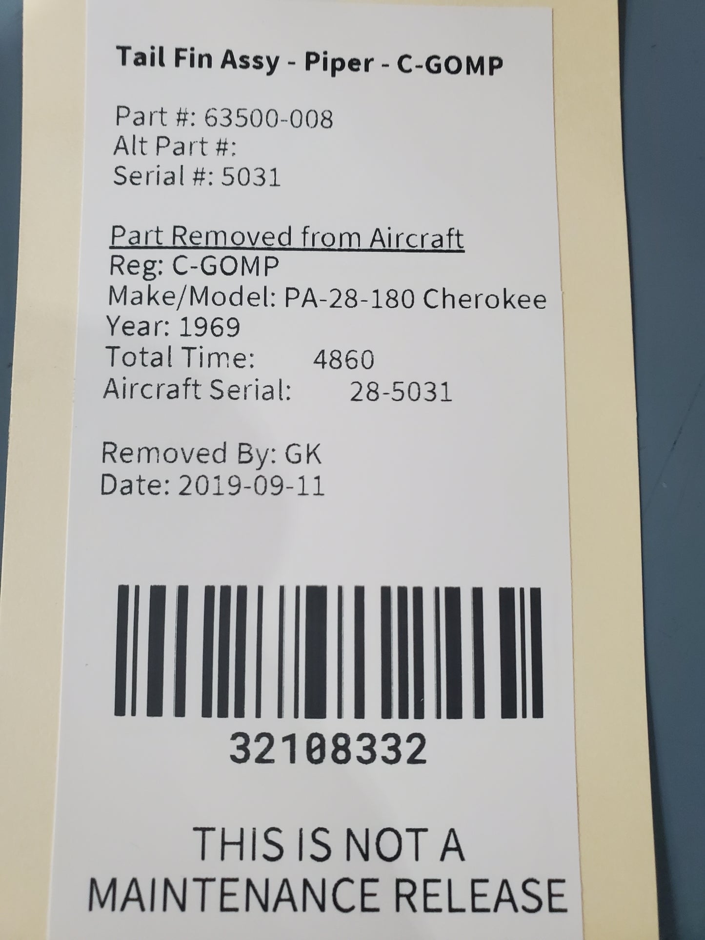 Tail Fin Assy - Piper - C-GOMP