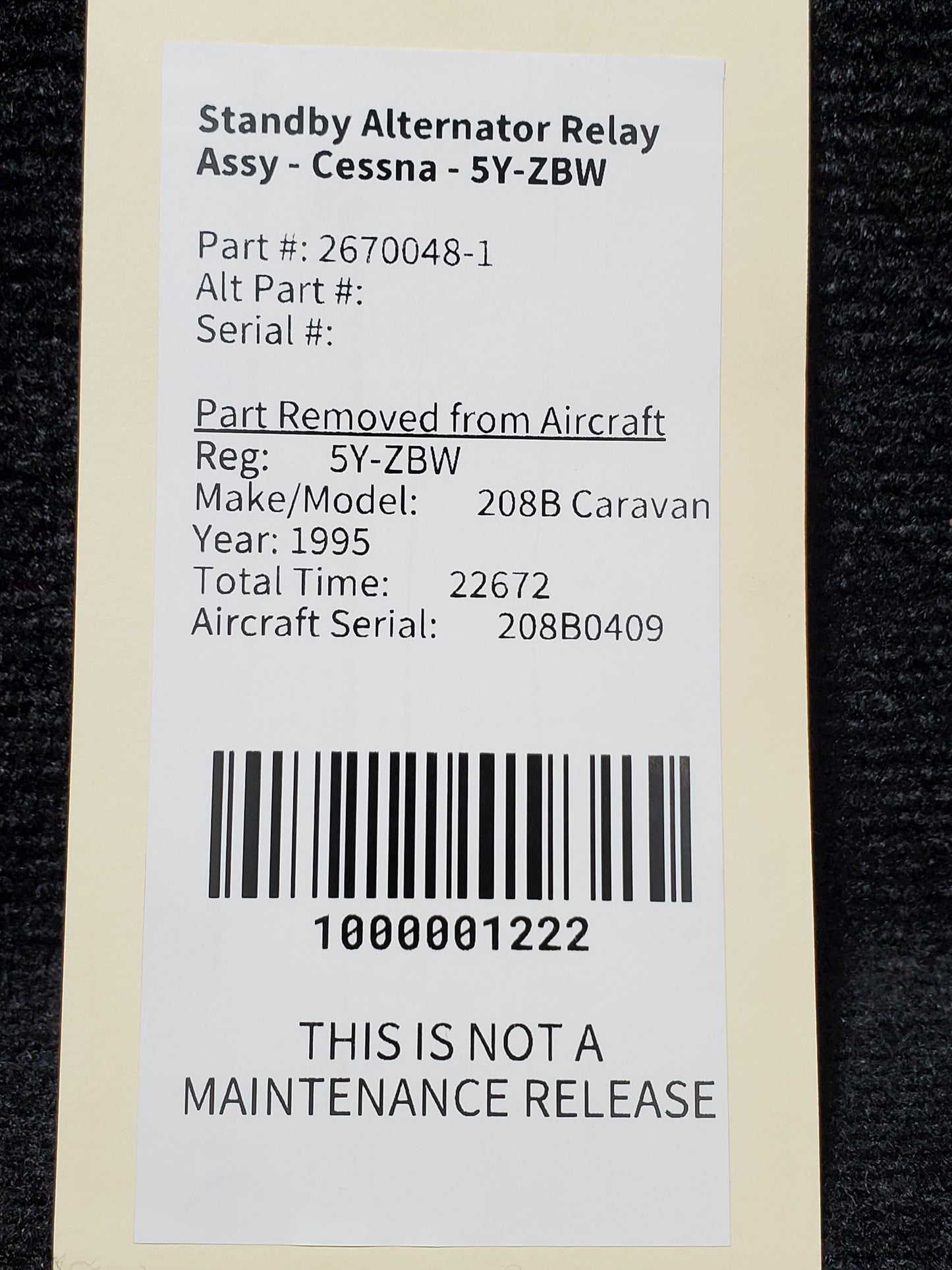 Standby Alternator Relay Assy - Cessna - 5Y-ZBW