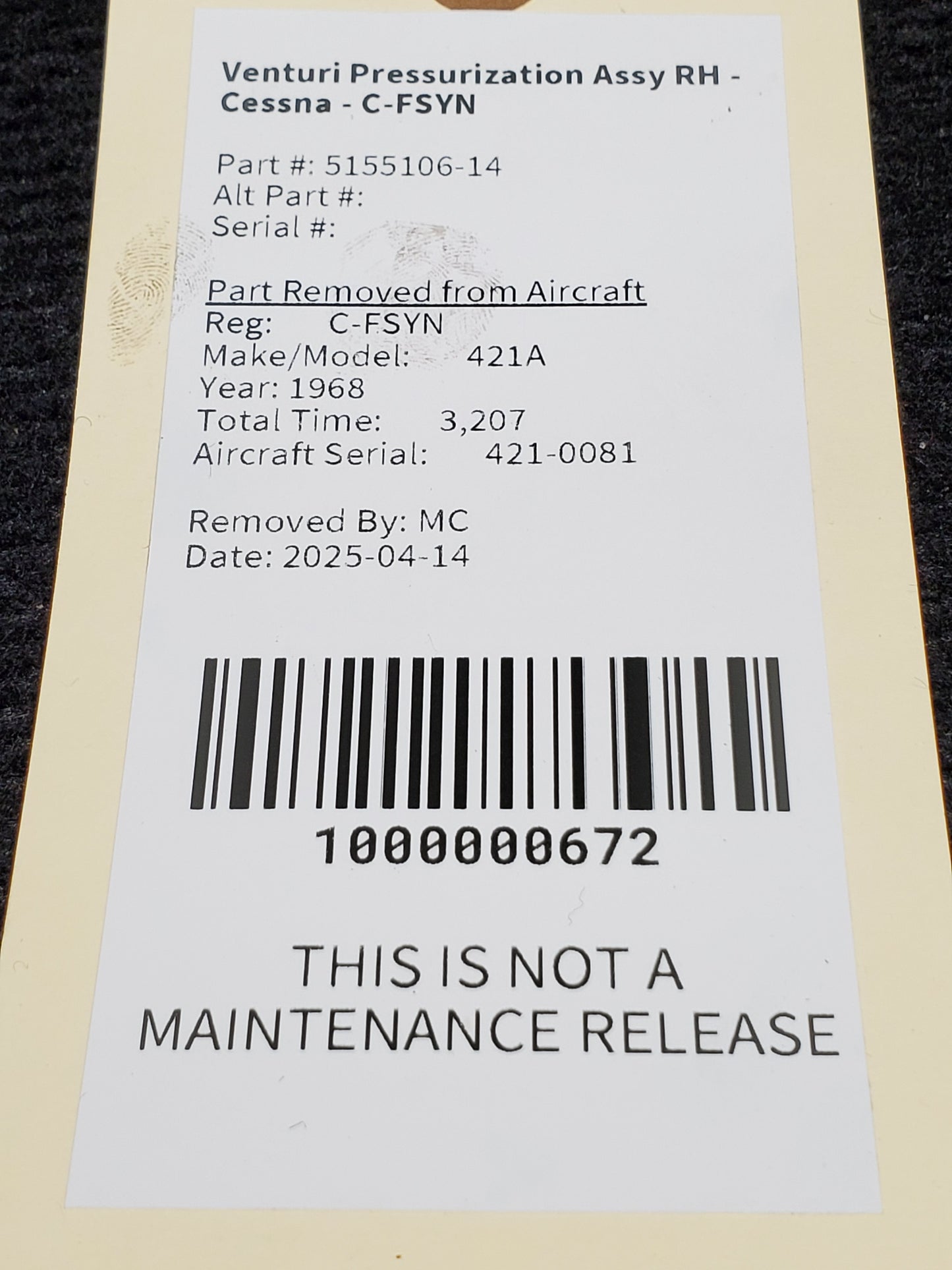 Venturi Pressurization Assy RH - Cessna - C-FSYN