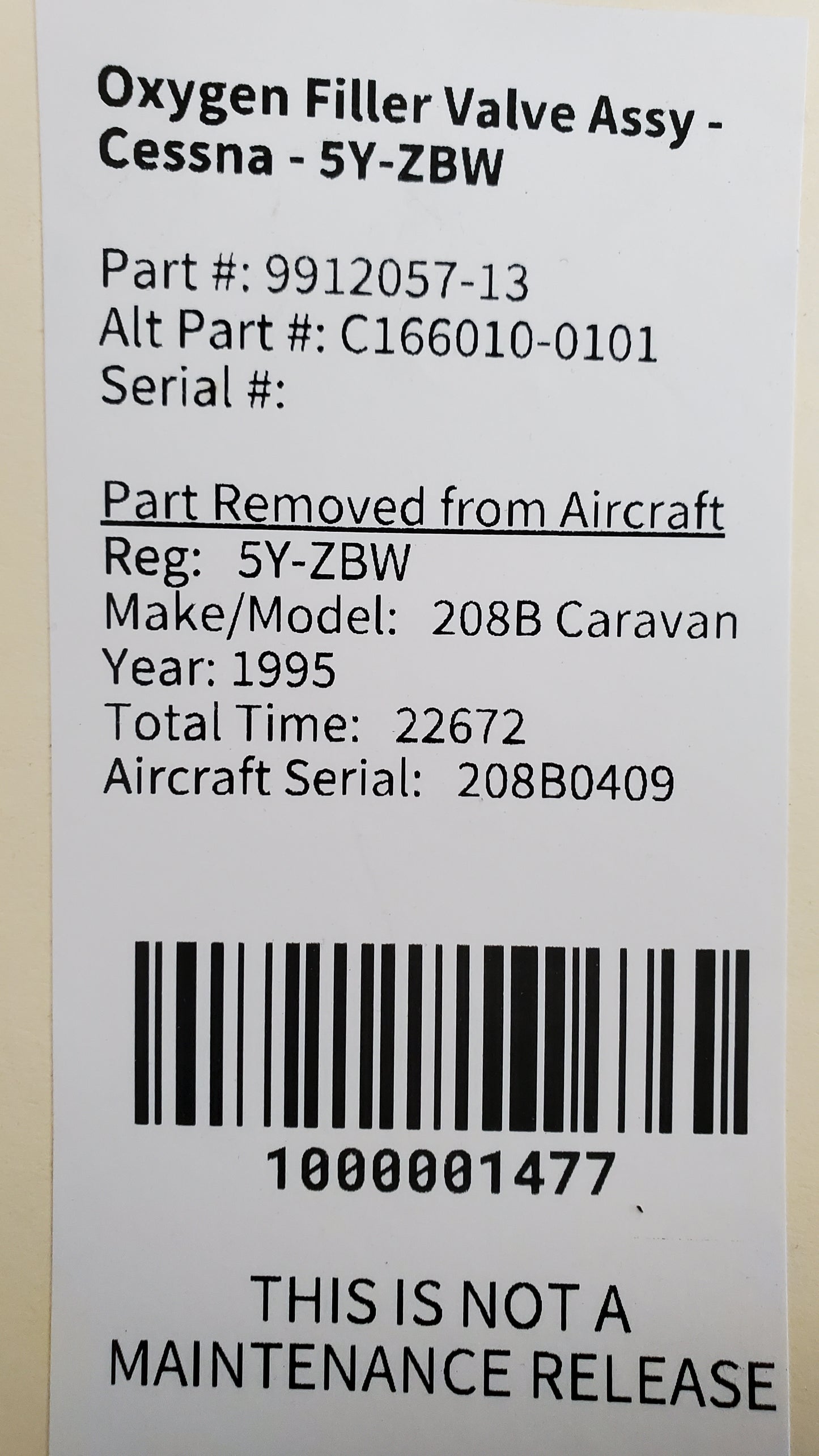 Oxygen Filler Valve Assy - Cessna - 5Y-ZBW