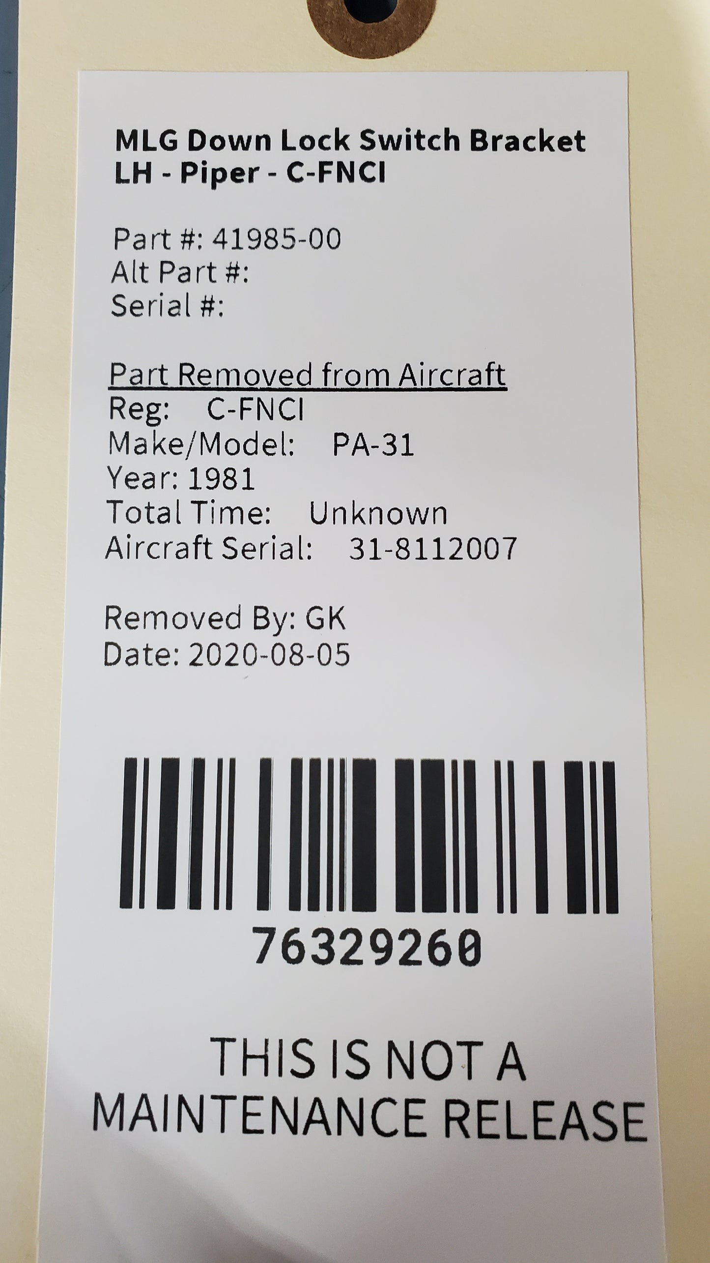 MLG Down Lock Switch Bracket LH - Piper - C-FNCI