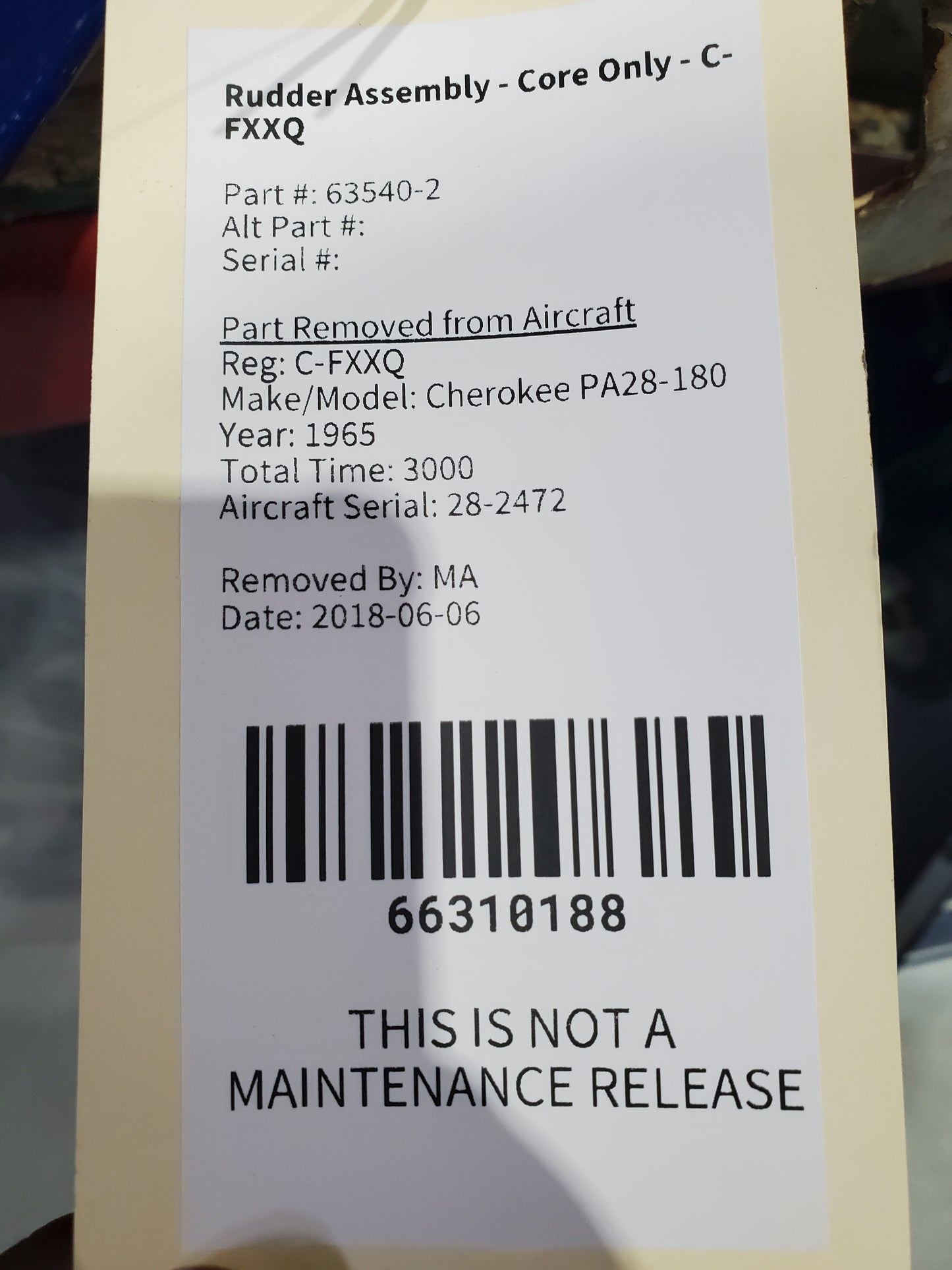 Rudder Assembly - Core Only - C-FXXQ