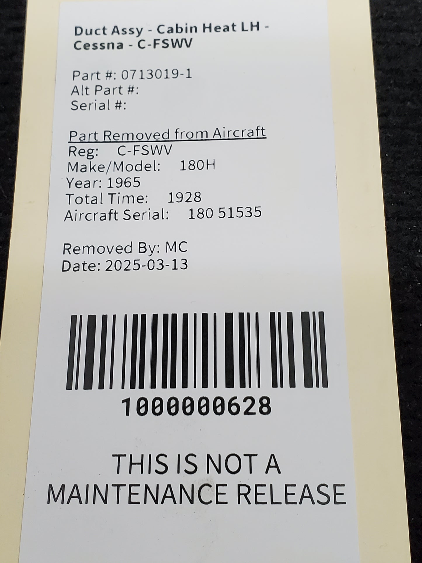 Duct Assy - Cabin Heat LH - Cessna - C-FSWV
