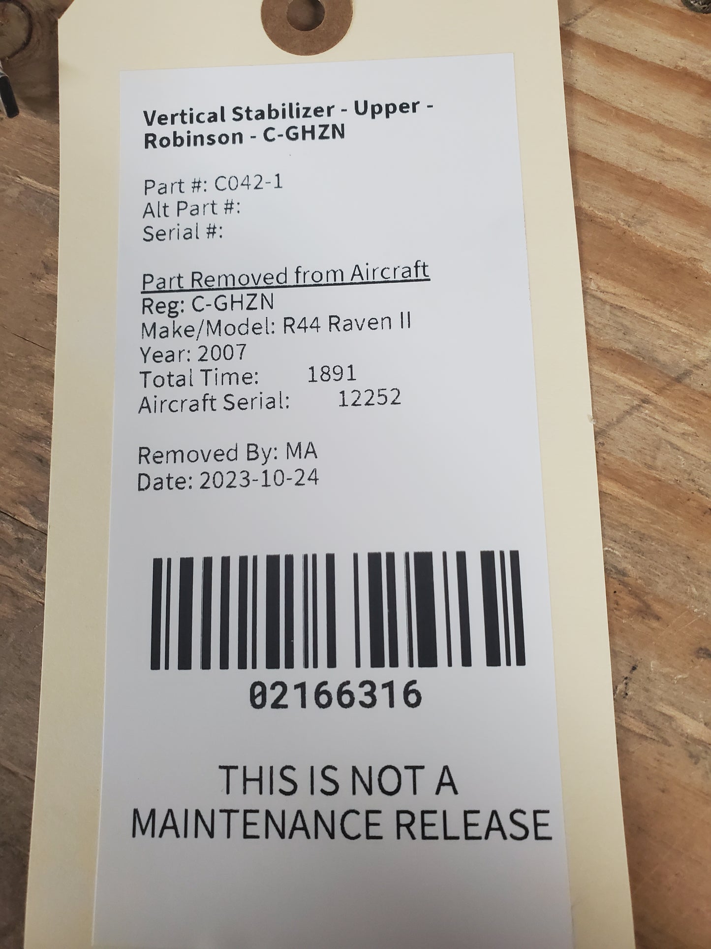 Vertical Stabilizer - Upper - Robinson - C-GHZN