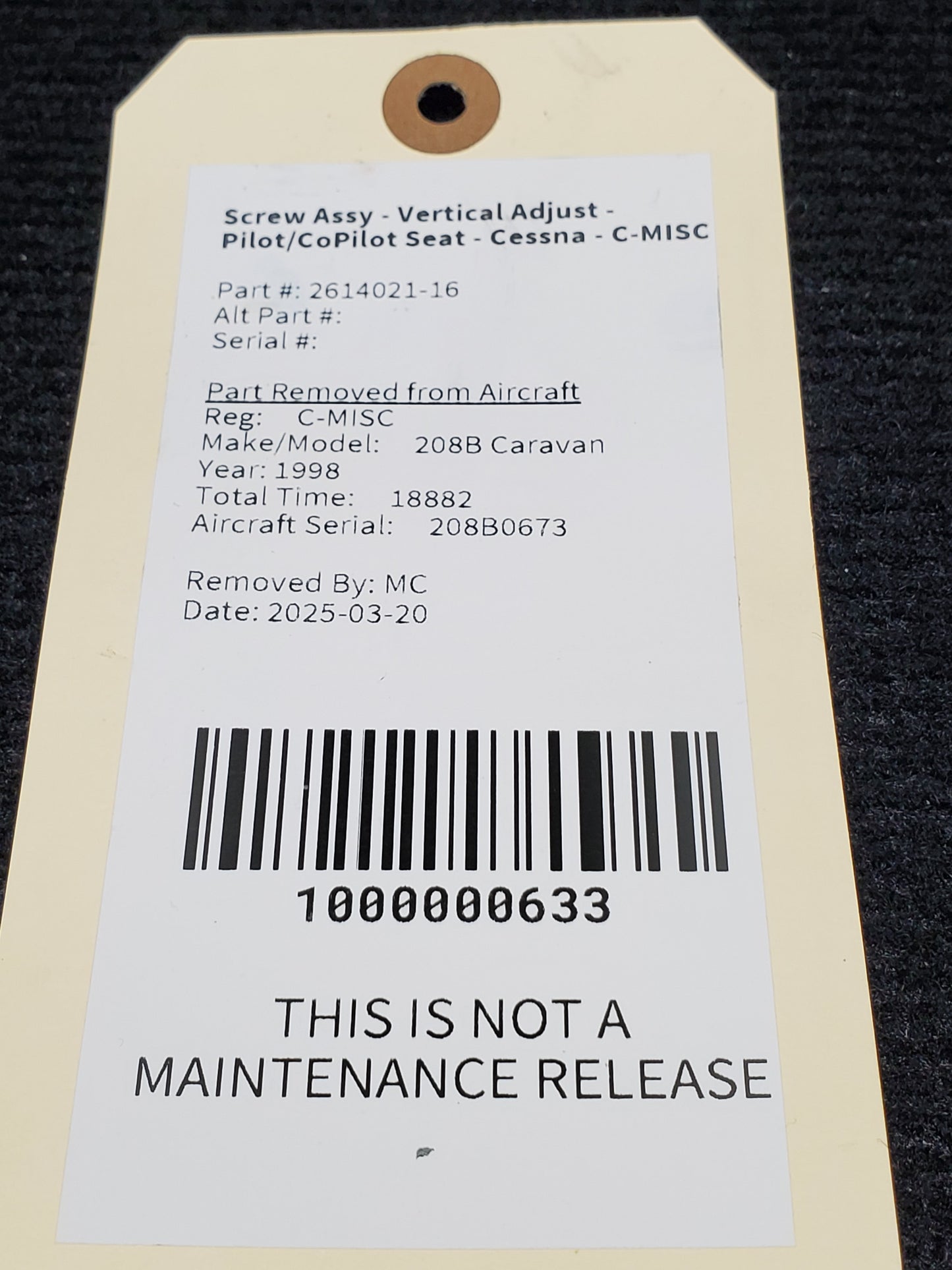 Screw Assy - Vertical Adjust - Pilot/CoPilot Seat - Cessna - C-MISC