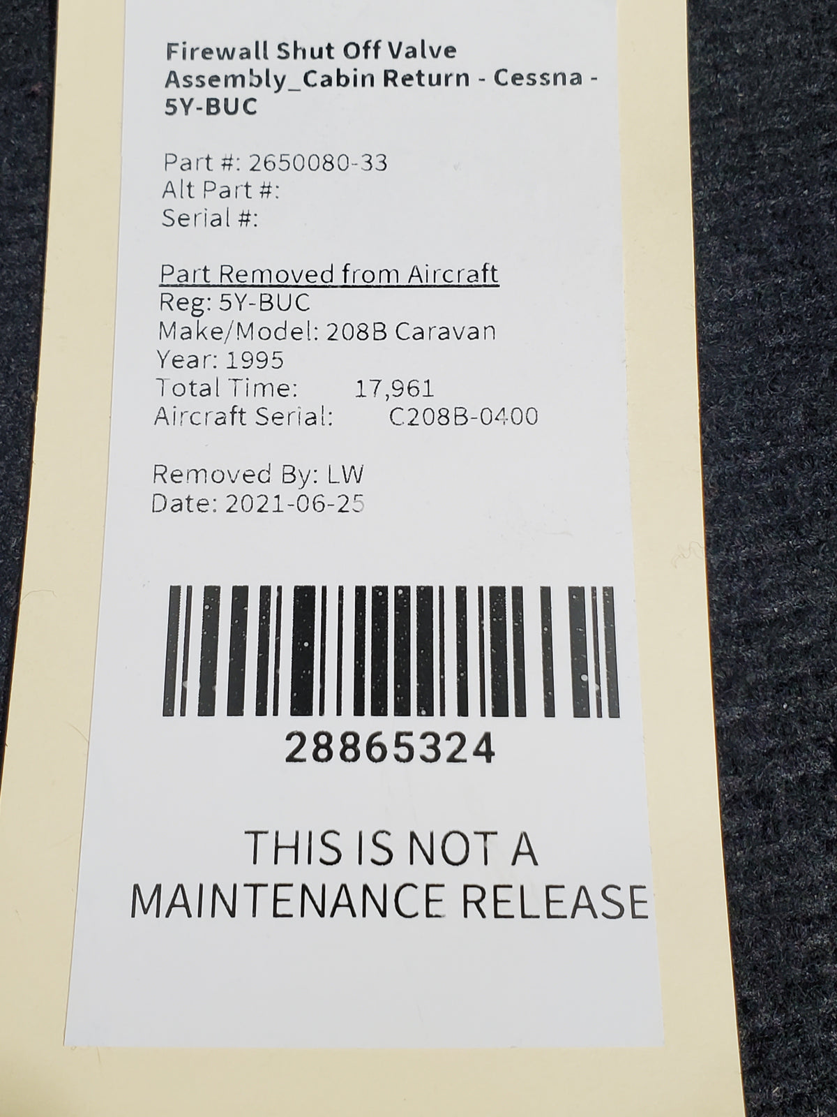 Firewall Shut Off Valve Assembly - Cabin Return - Cessna - 5Y-BUC