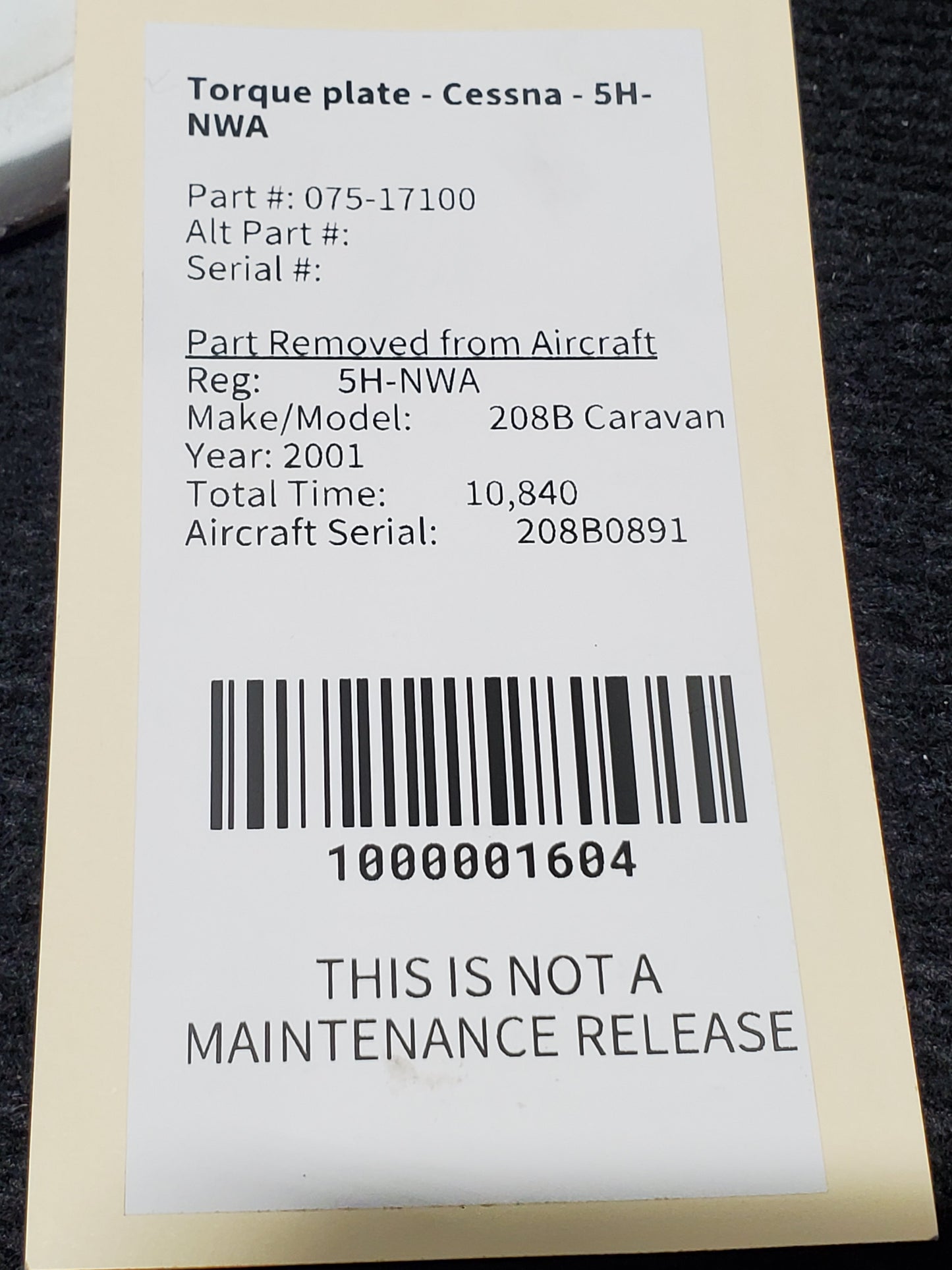 Torque plate - Cessna - 5H-NWA