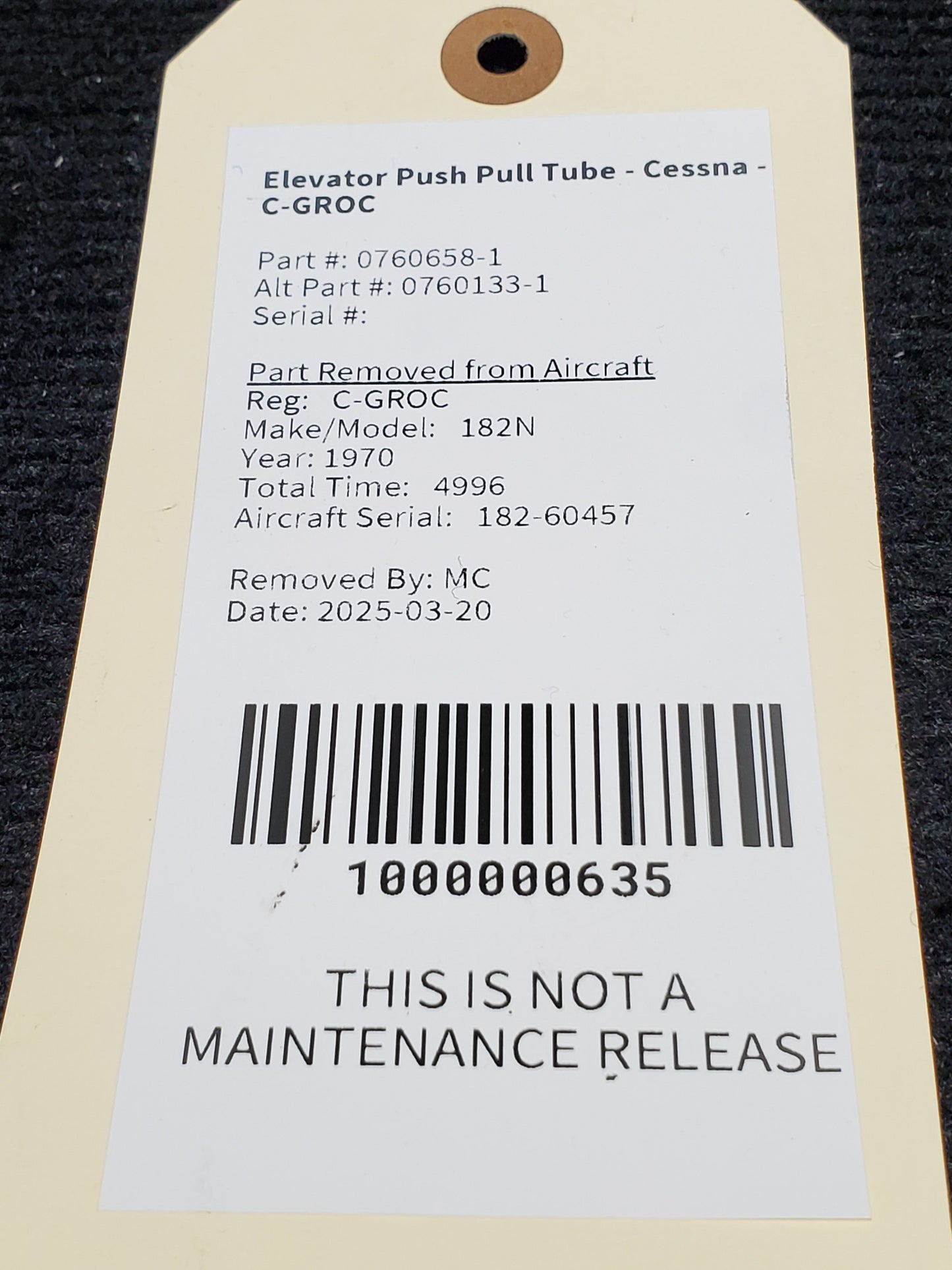 Elevator Push Pull Tube - Cessna - C-GROC