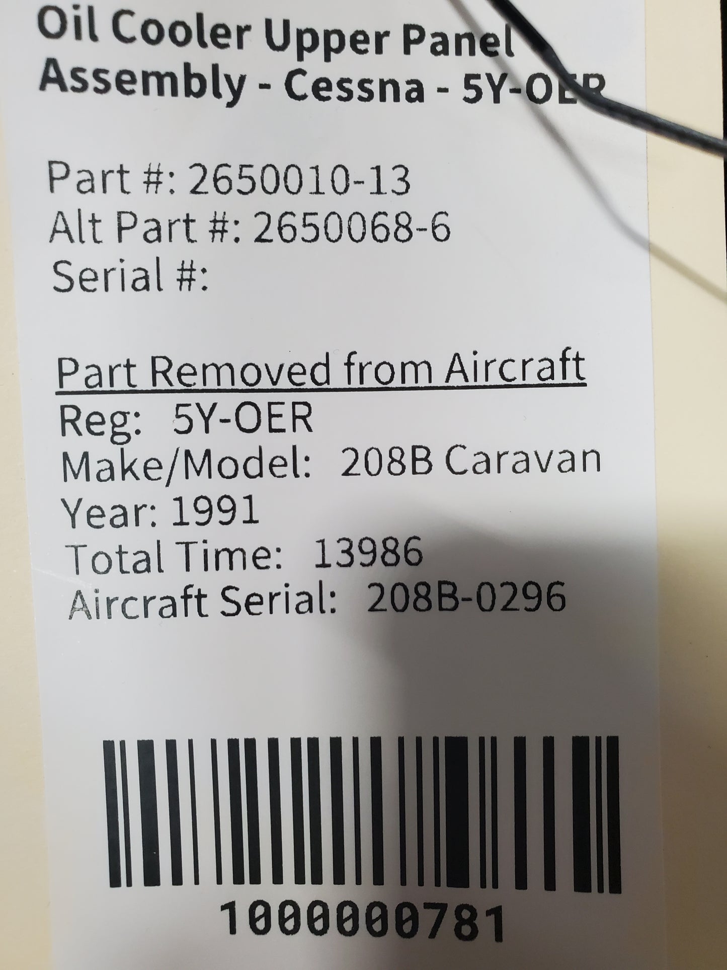 Oil Cooler Upper Panel Assembly - Cessna - 5Y-OER