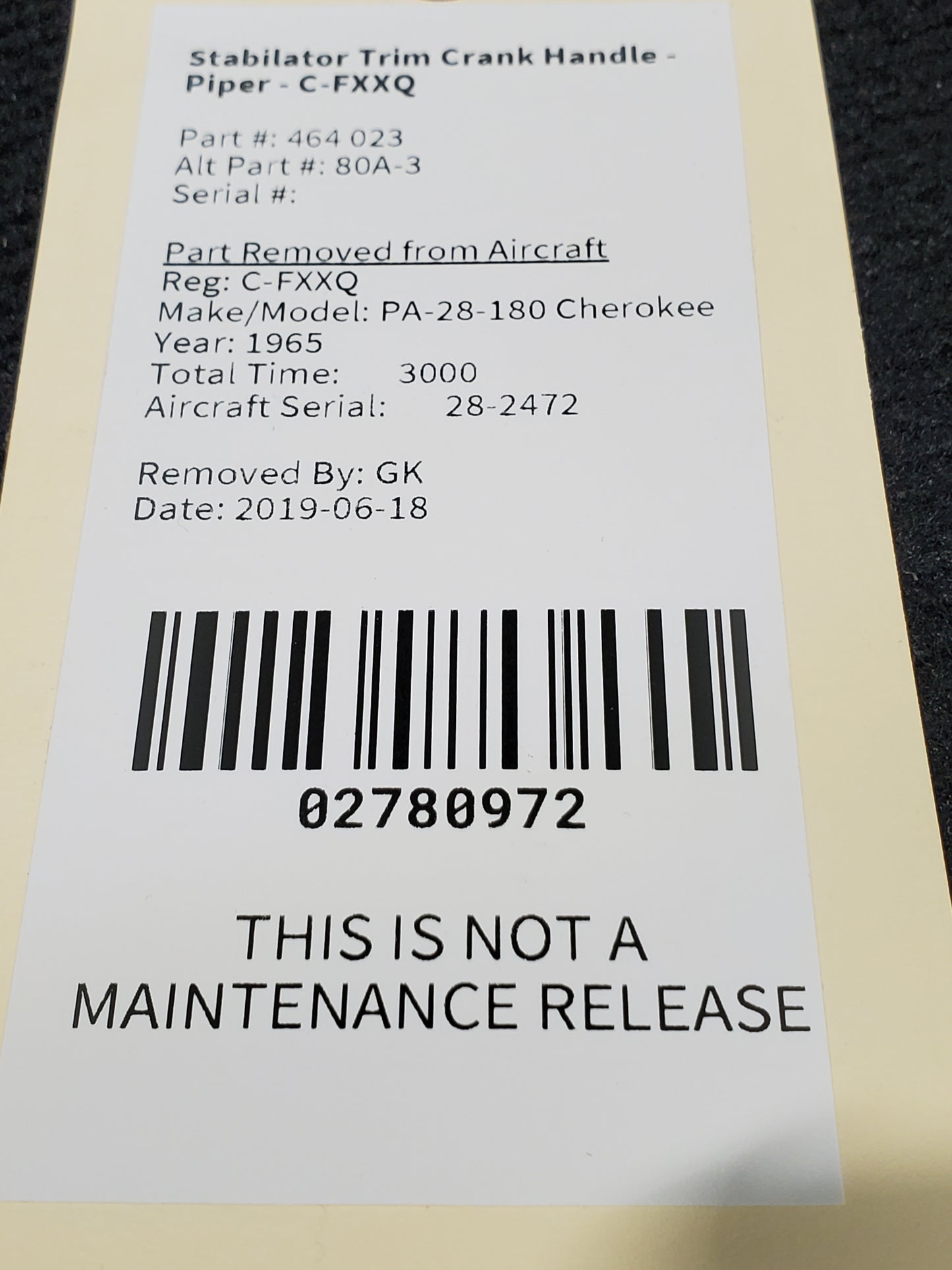 Stabilator Trim Crank Handle - Piper - C-FXXQ