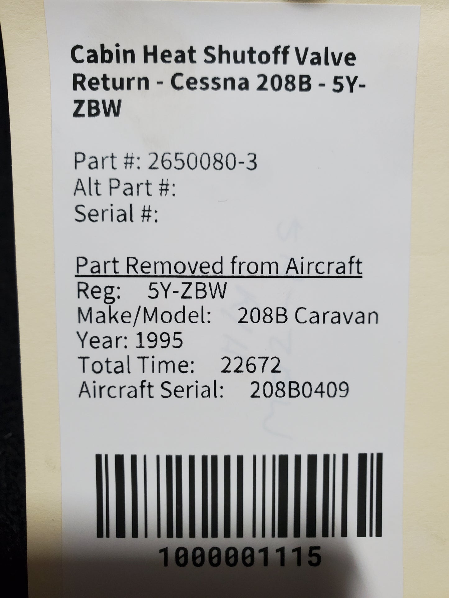 Firewall Shut Off Valve Assembly - Cabin Return - Cessna - 5Y-ZBW
