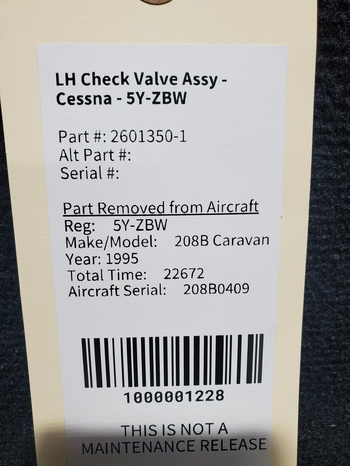 LH Check Valve Assy - Cessna - 5Y-ZBW