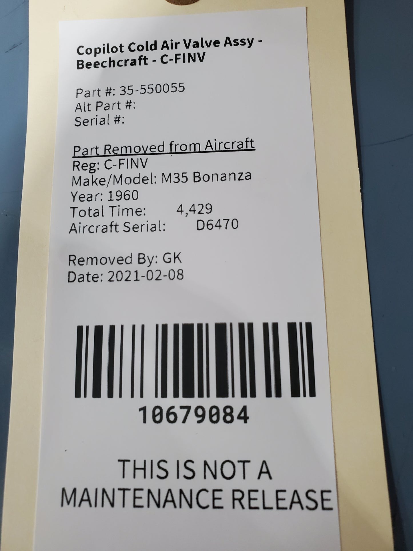 Copilot Cold Air Valve Assy - Beechcraft - C-FINV