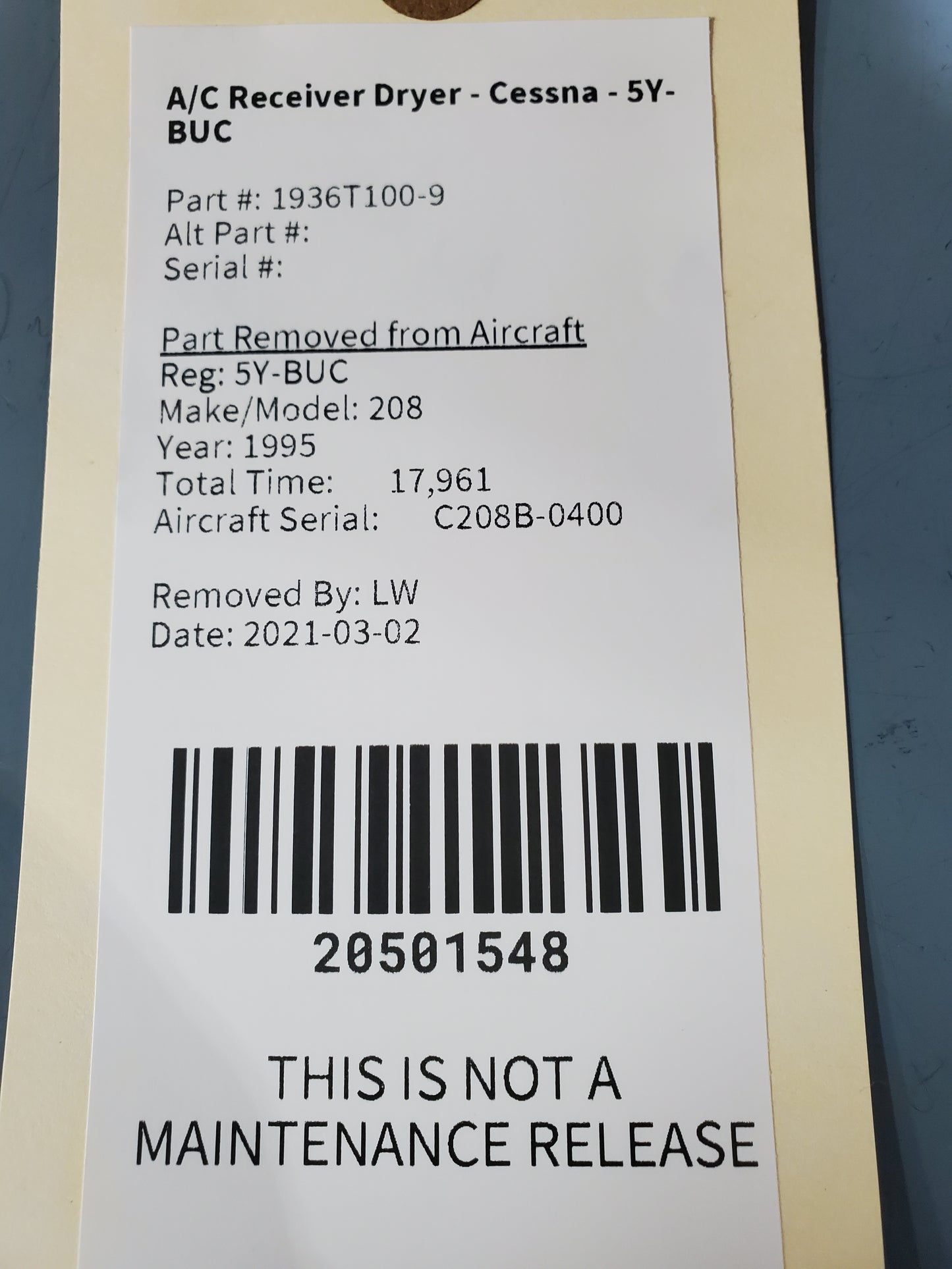 A/C Receiver Dryer - Cessna - 5Y-BUC