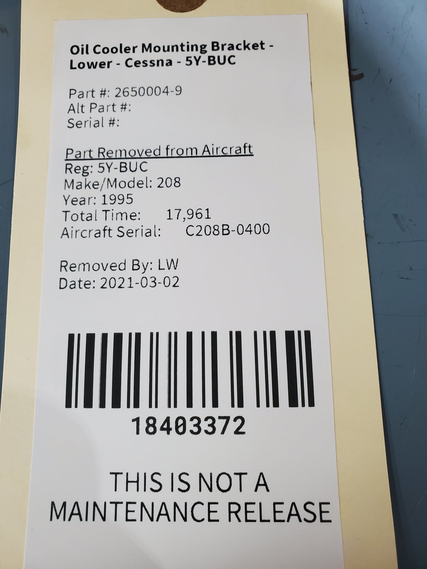 Oil Cooler Mounting Bracket - Lower - Cessna - 5Y-BUC