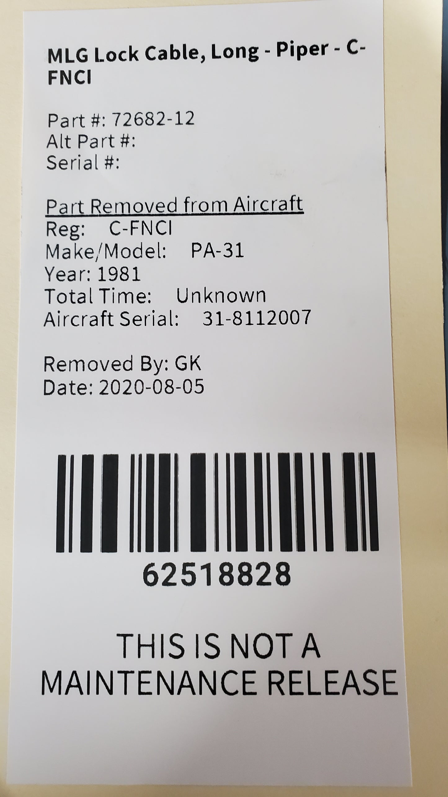 MLG Lock Cable, Long - Piper - C-FNCI