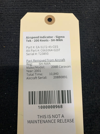 Airspeed Indicator - Sigma Tek - 200 Knots - 5H-NWA