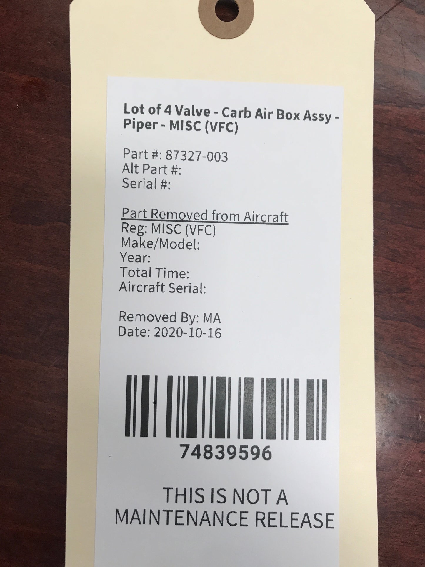 Lot of 4 Valve - Carb Air Box Assy - Piper - MISC (VFC)