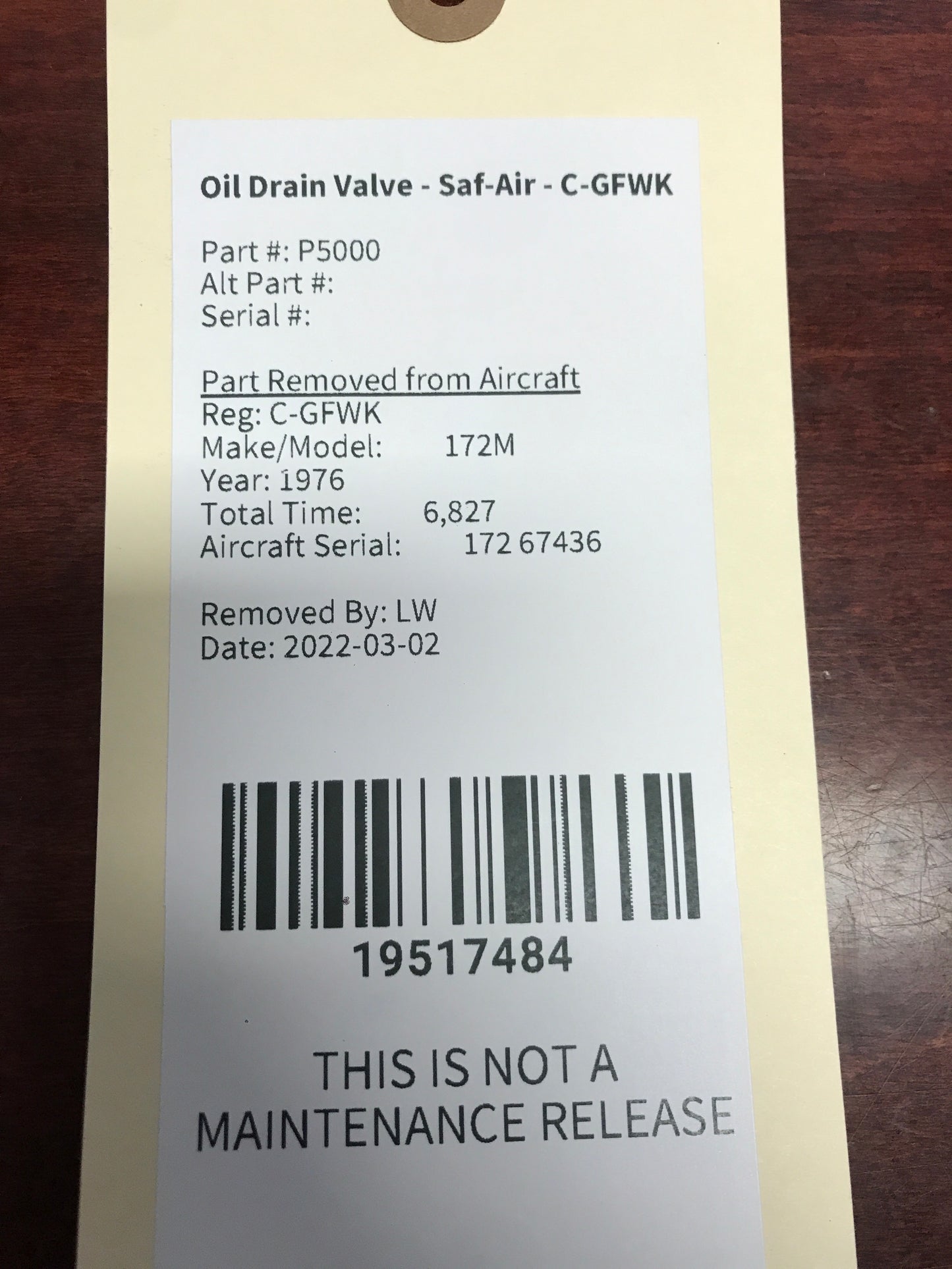 Oil Drain Valve - Saf-Air - C-GFWK