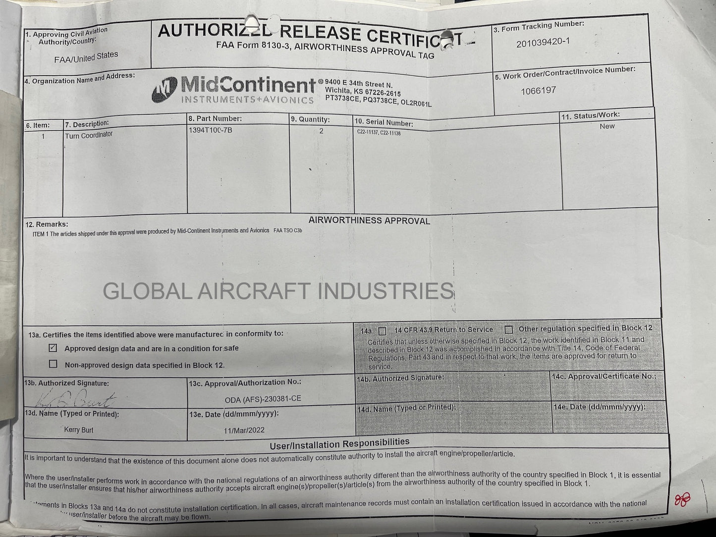 Turn Coordinator - Mid Continent - 5Y-ZBW