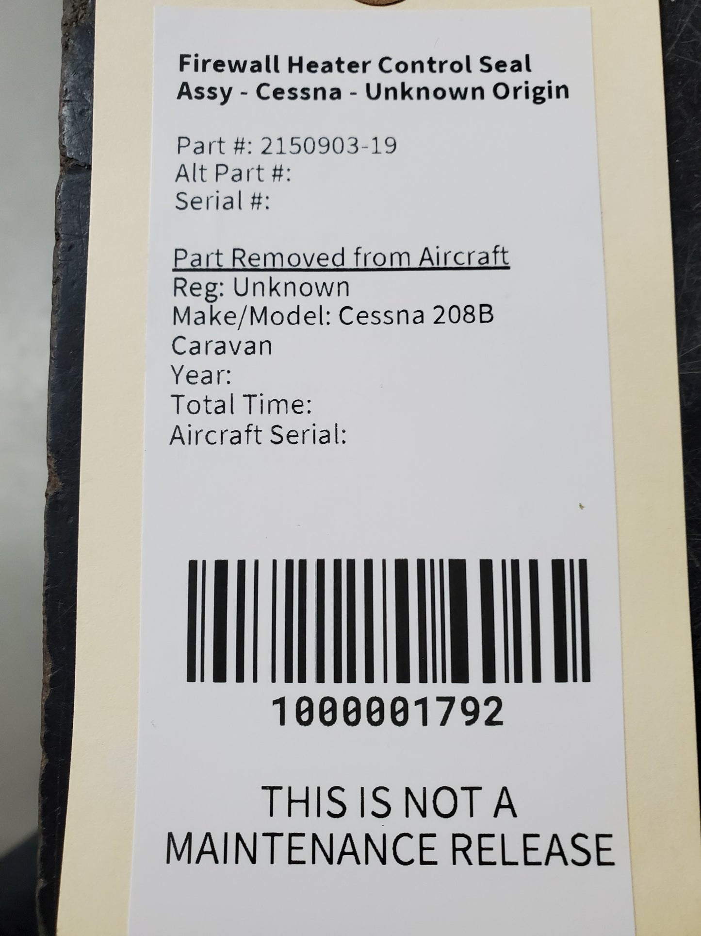 Firewall Heater Control Seal Assy - Cessna - Unknown Origin