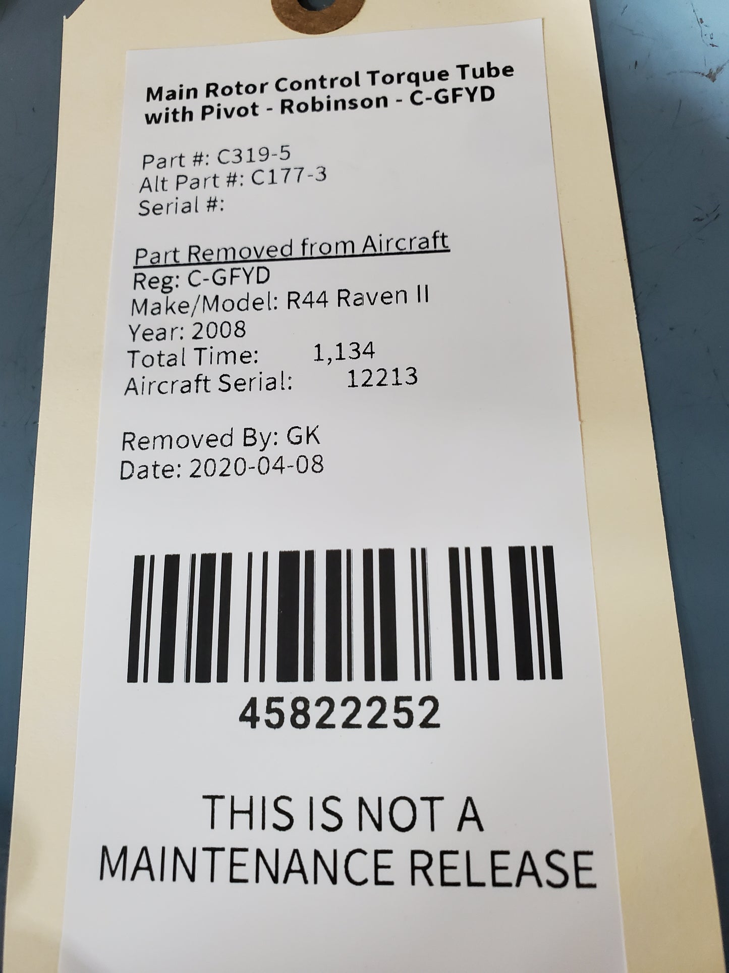 Main Rotor Control Torque Tube with Pivot - Robinson - C-GFYD