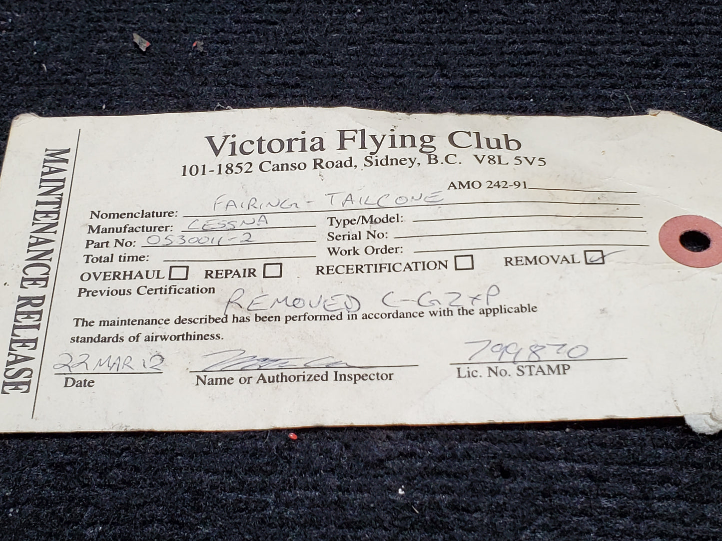 Tailcone Fairing - Rudder Cable Exit - Cessna - MISC (VFC) - C-GZXP