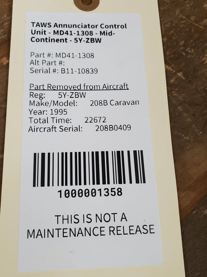 TAWS Annunciator Control Unit - MD41-1308 - Mid-Continent - 5Y-ZBW