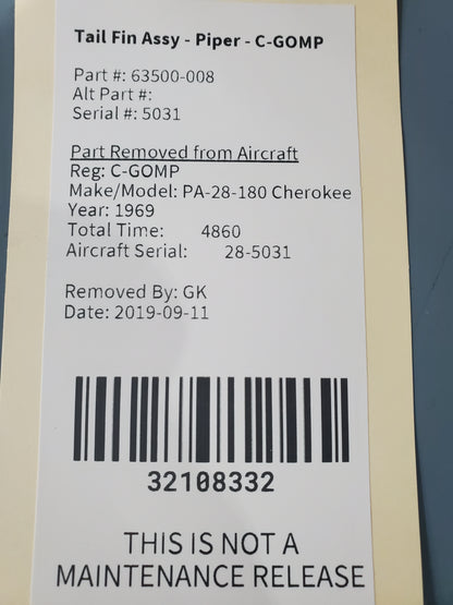 Tail Fin Assy - Piper - C-GOMP