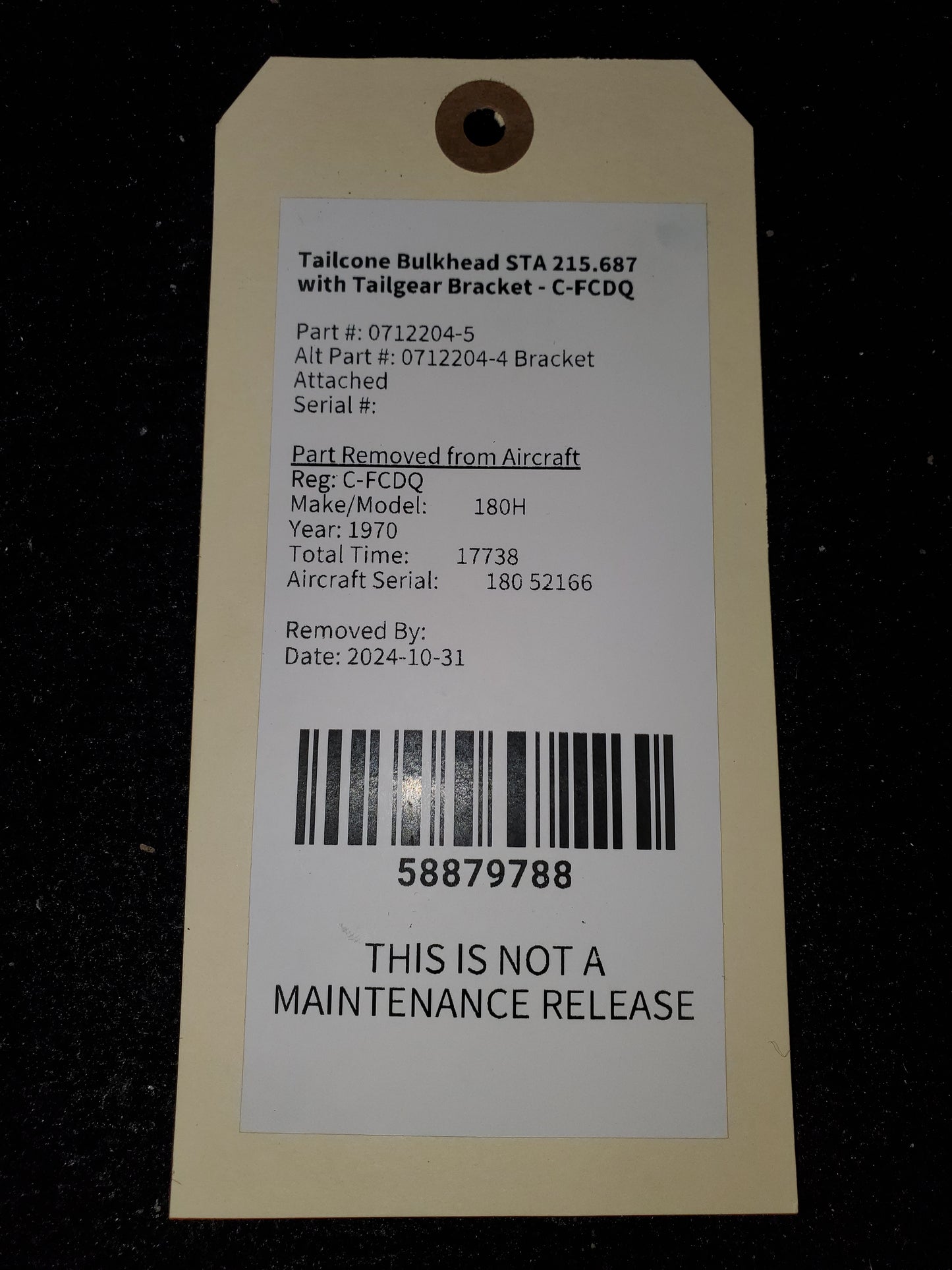 Tailcone Bulkhead STA 215.687 with Tailgear Bracket - C-FCDQ