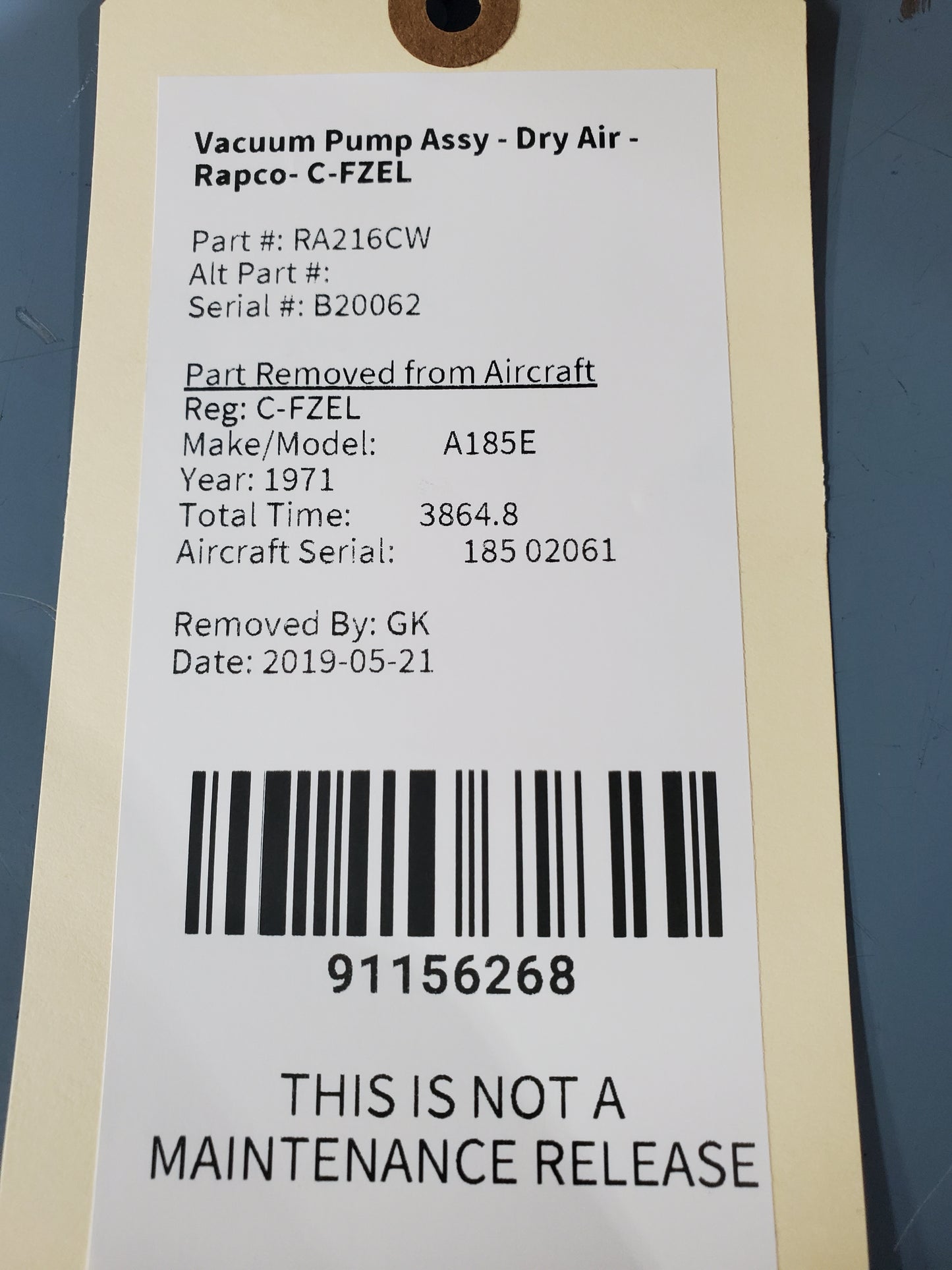 Vacuum Pump Assy - Dry Air - Rapco- C-FZEL