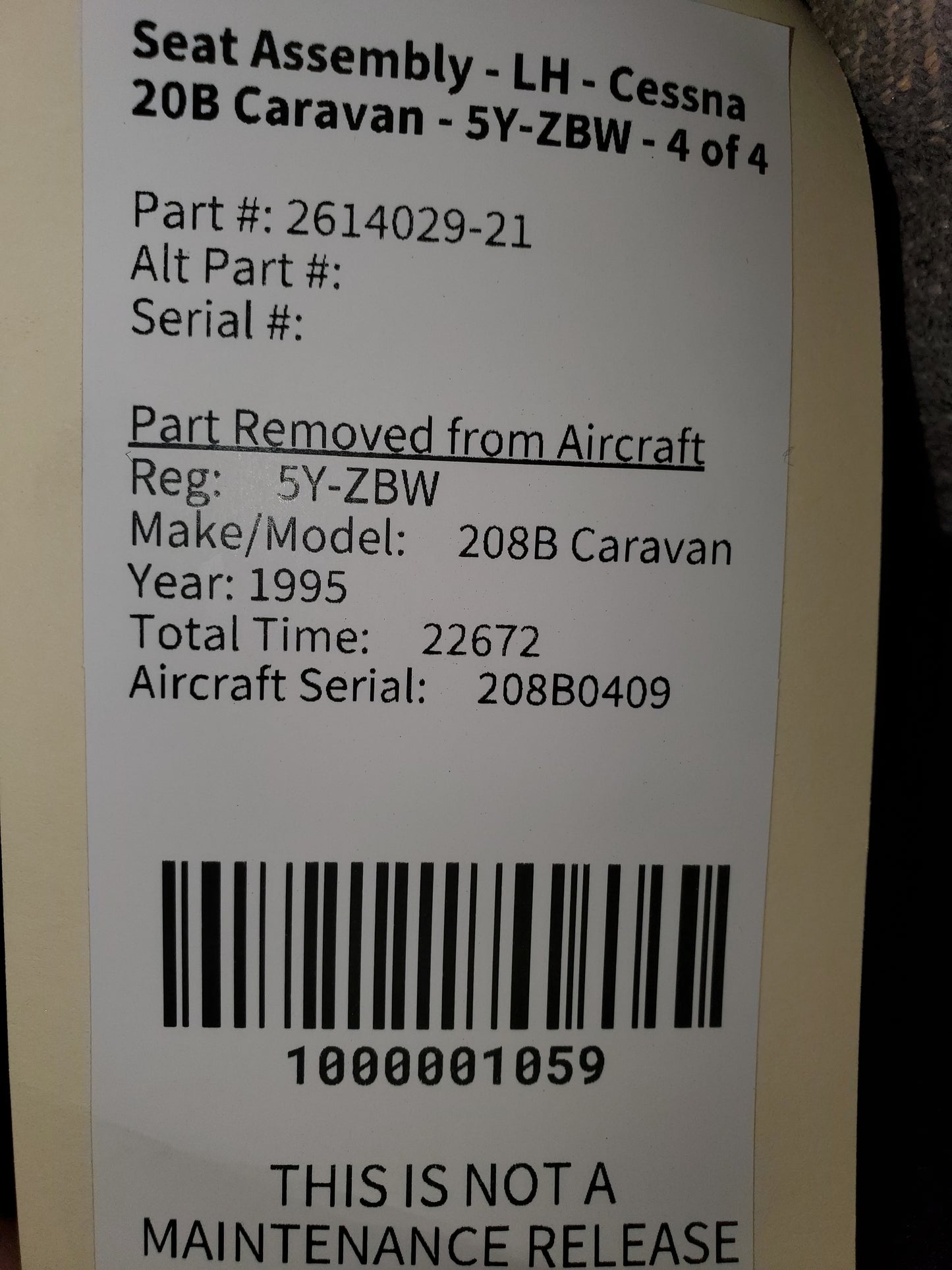 Seat Assembly - LH - Cessna 208B Caravan - 5Y-ZBW - 4 of 4