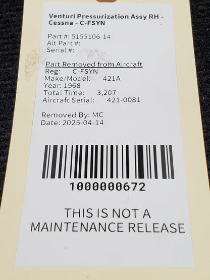 Venturi Pressurization Assy RH - Cessna - C-FSYN