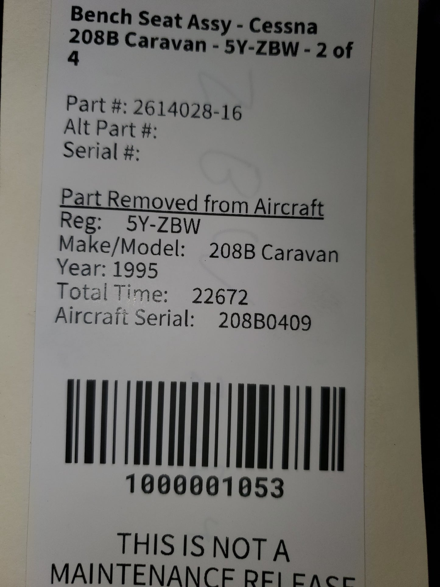 Bench Seat Assy - Cessna 208B Caravan - 5Y-ZBW - 2 of 4