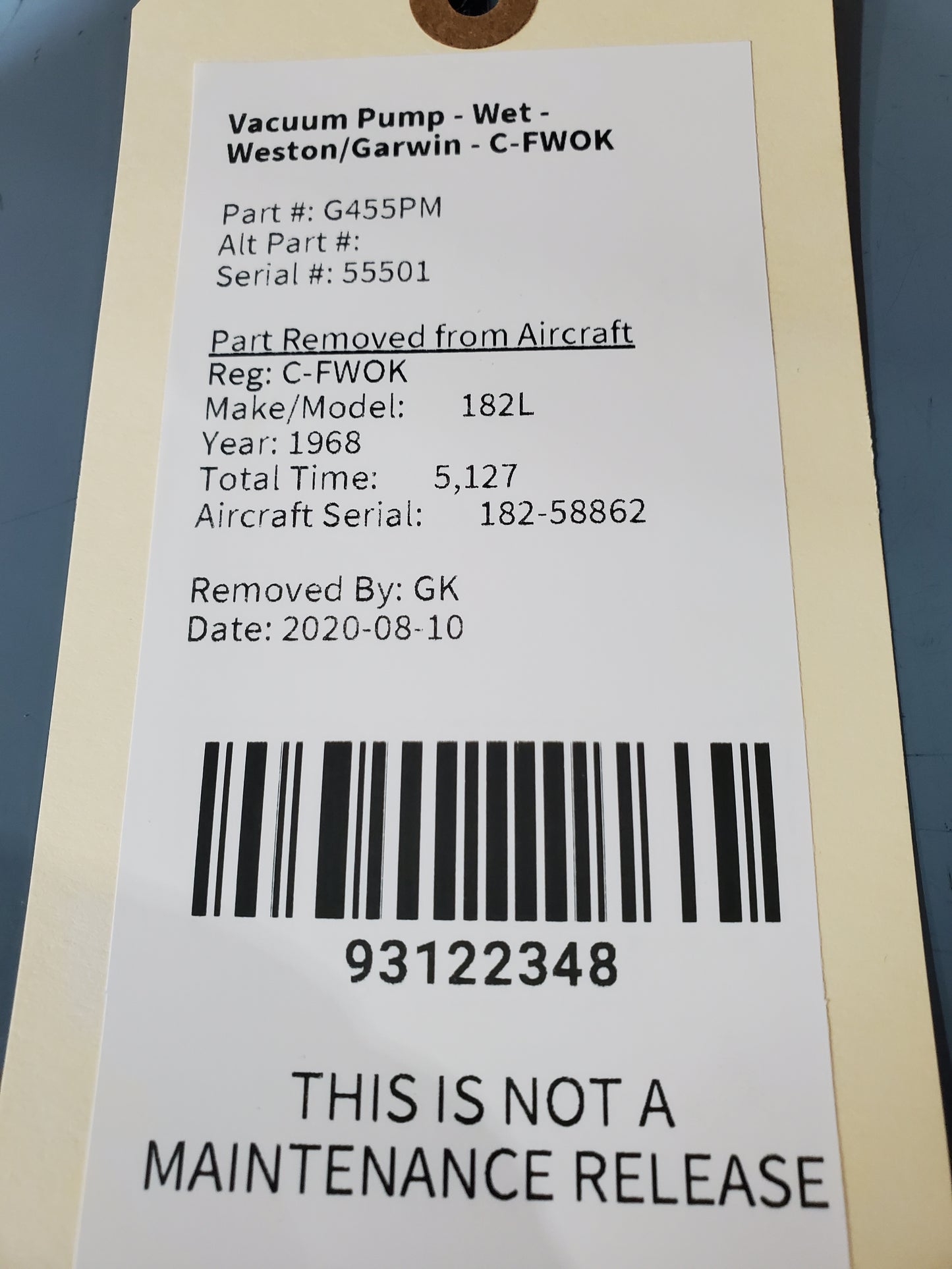 Vacuum Pump - Wet - Weston/Garwin - C-FWOK