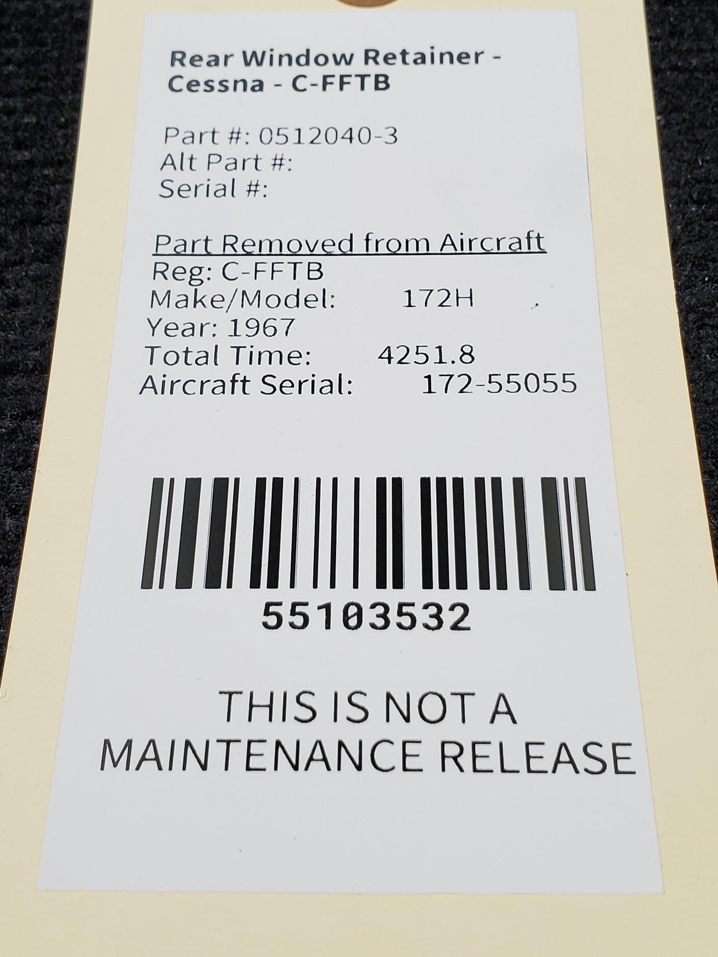 Rear Window Retainer - Cessna - C-FFTB