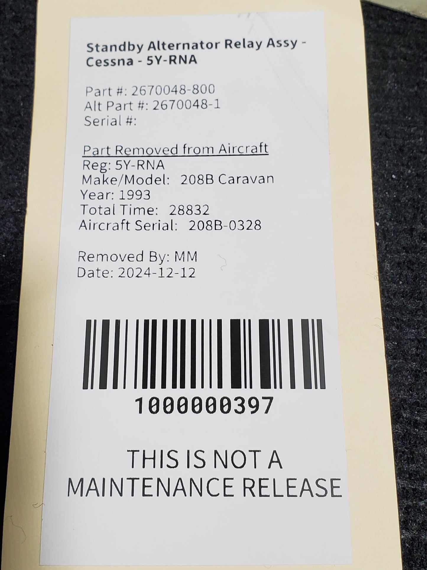 Standby Alternator Relay Assy - Cessna - 5Y-RNA