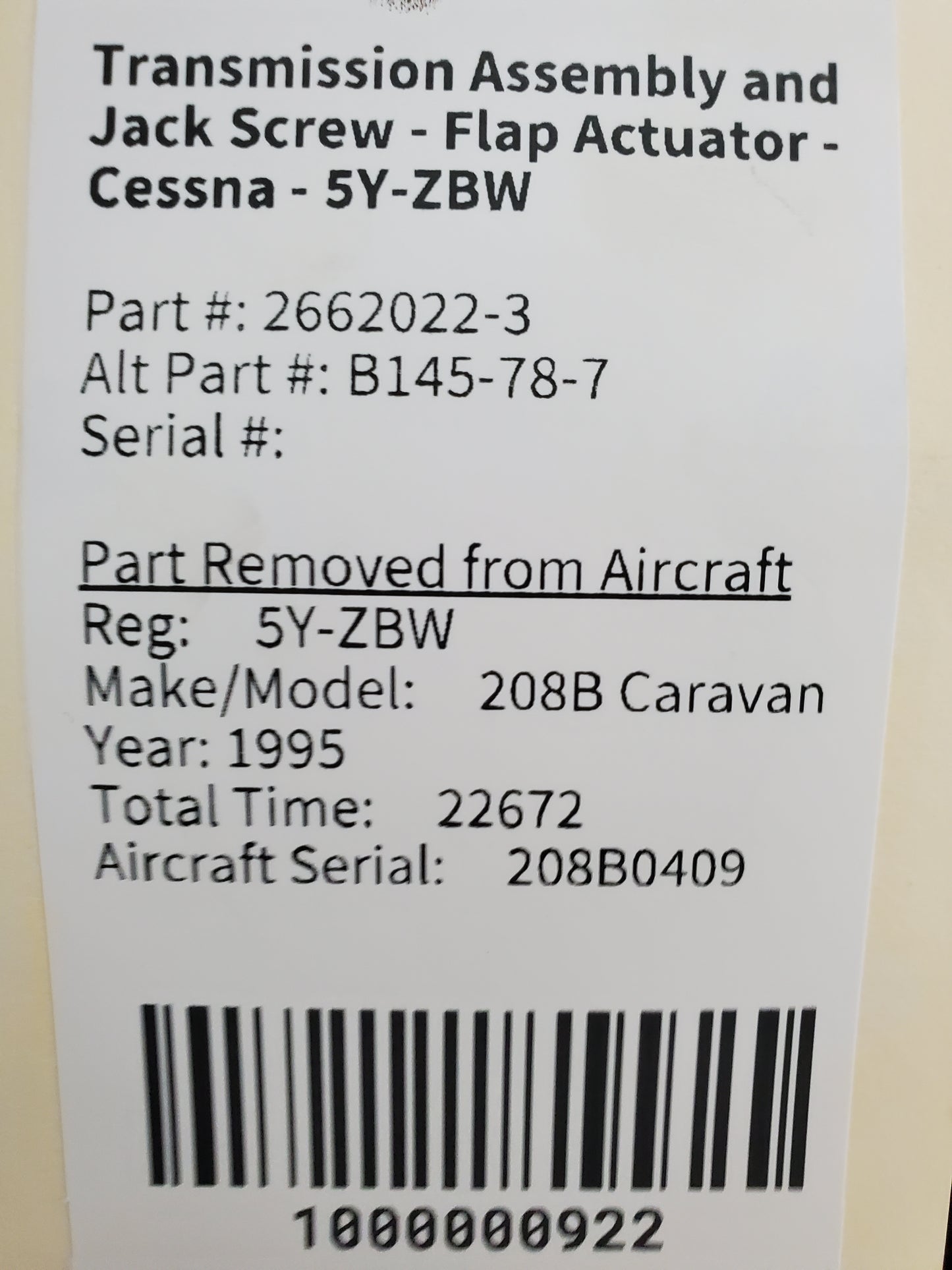 Transmission Assembly and Jack Screw - Flap Actuator - Cessna - 5Y-ZBW
