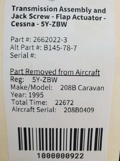 Transmission Assembly and Jack Screw - Flap Actuator - Cessna - 5Y-ZBW