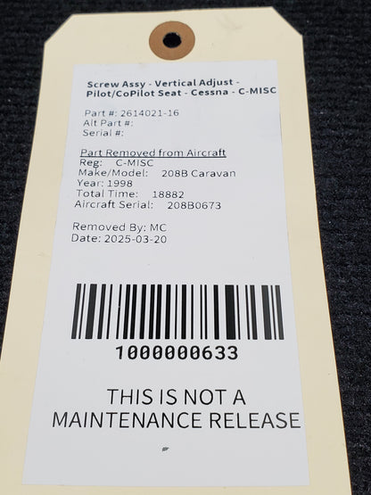 Screw Assy - Vertical Adjust - Pilot/CoPilot Seat - Cessna - C-MISC