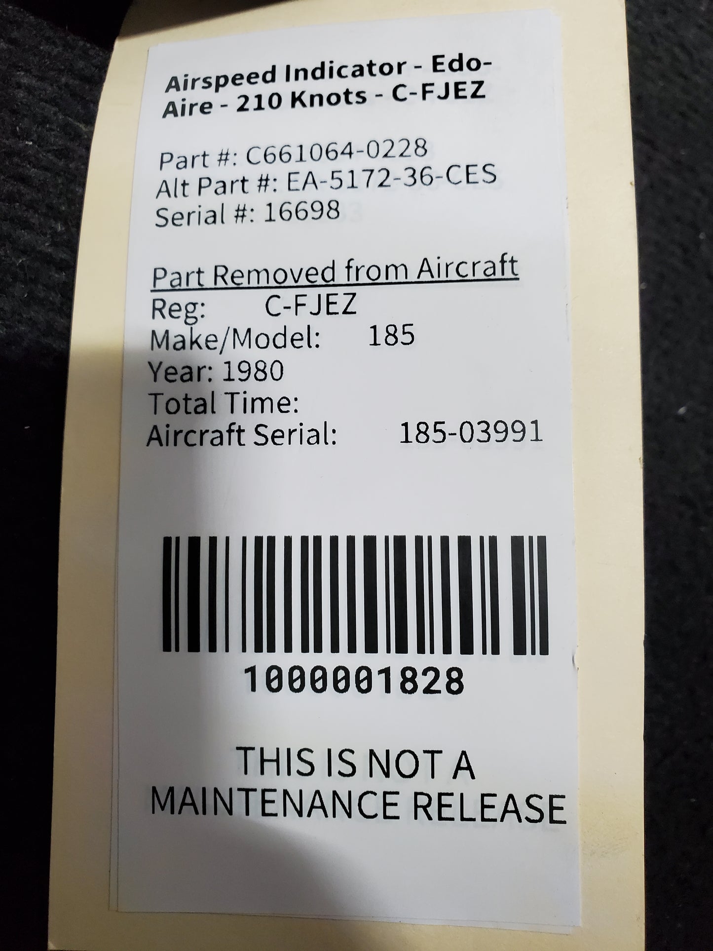 Airspeed Indicator - Edo-Aire - 210 Knots - C-FJEZ