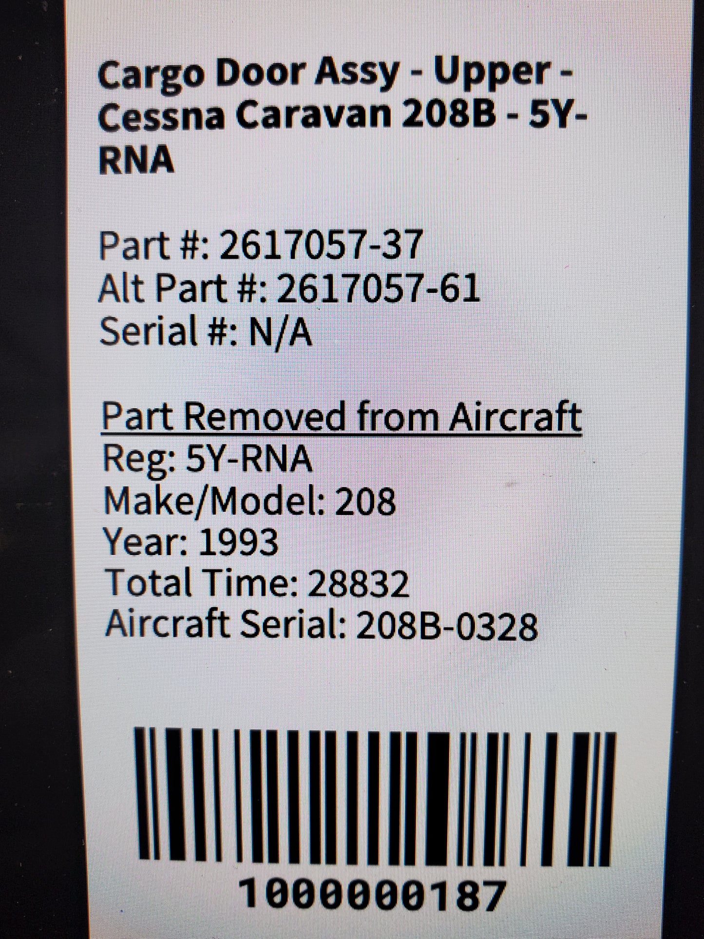 Cargo Door Assy - Upper - Cessna Caravan 208B - 5Y-RNA