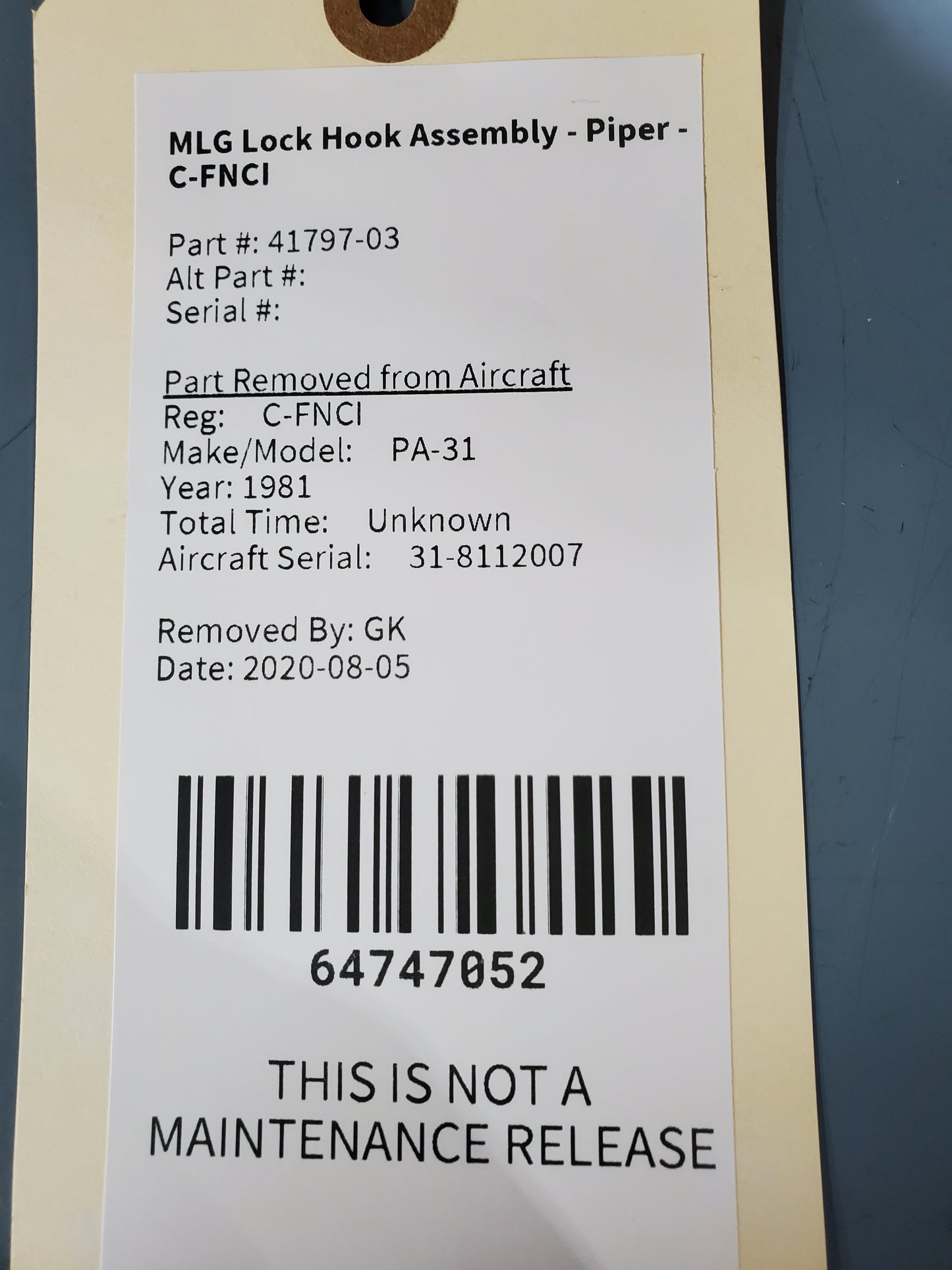 MLG Lock Hook Assembly - Piper - C-FNCI